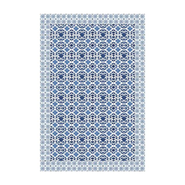Moderner Teppich Marokkanische Fliesen Florale Blaupause mit Fliesenrahmen