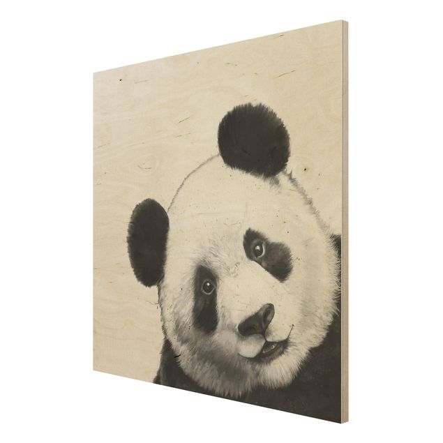 Holzbild - Illustration Panda Schwarz Weiß Malerei - Quadrat 1:1