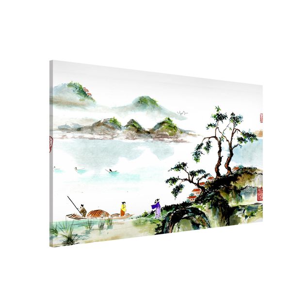 Magnettafel Büro Japanische Aquarell Zeichnung See und Berge