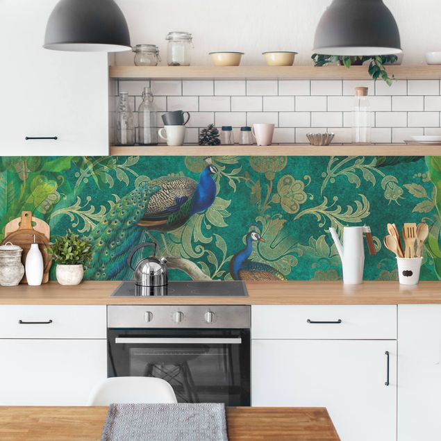 Glasrückwand Küche Blumen Shabby Chic Collage - Edler Pfau II