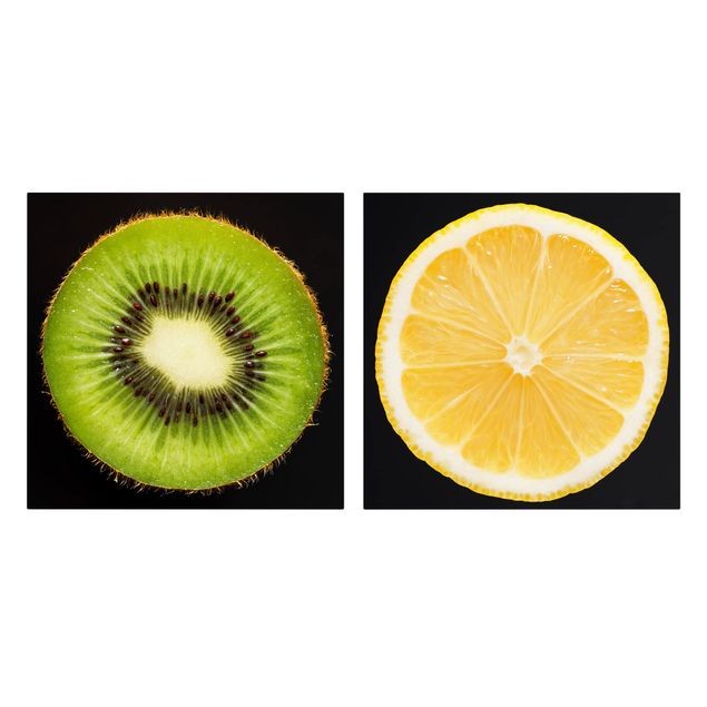 Leinwandbild 2-teilig - Zitrone und Kiwi Nahaufnahme - Quadrate 1:1