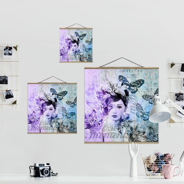 Stoffbild mit Posterleisten - Shabby Chic Collage - Portrait mit Schmetterlingen - Quadrat 1:1