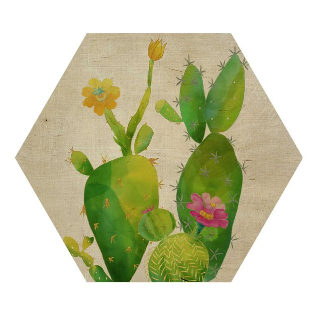 Hexagon Bild Holz - Kaktusfamilie rosa gelb