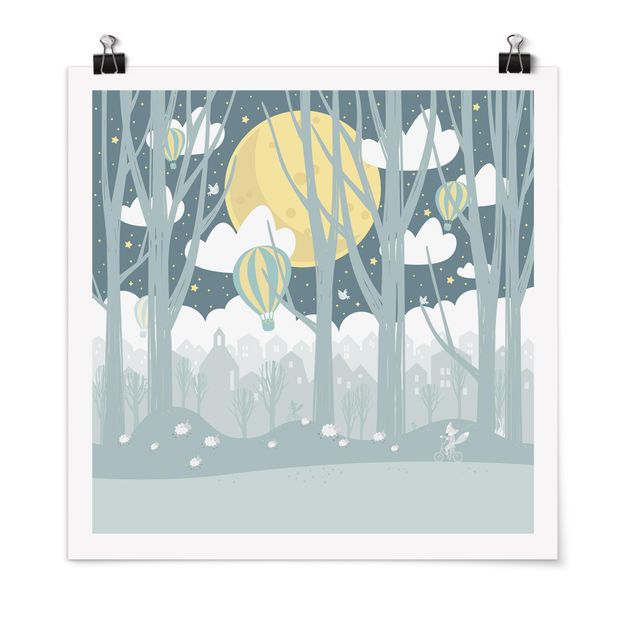 Poster - Mond mit Bäumen und Häusern - Quadrat 1:1