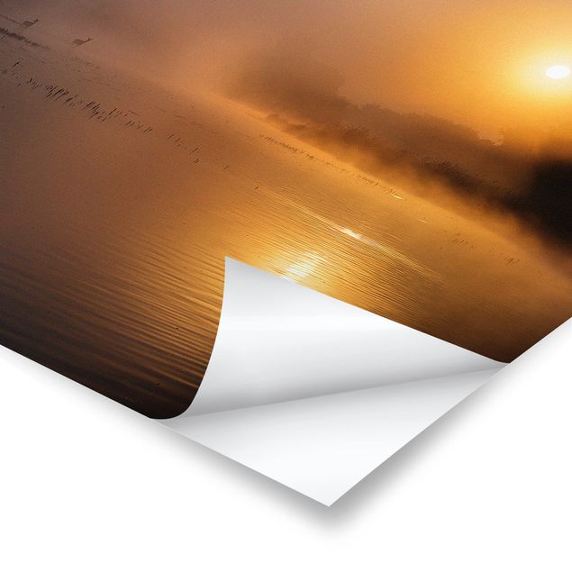 Poster - Sonnenaufgang am See mit Rehen im Nebel - Quadrat 1:1