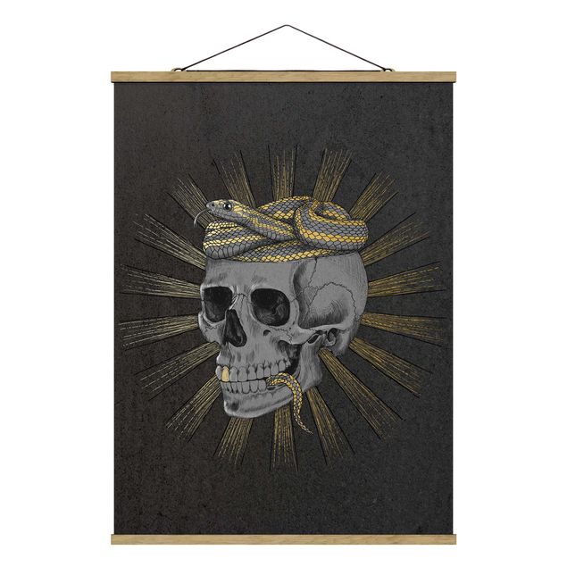 Stoffbild mit Posterleisten - Laura Graves - Illustration Totenkopf und Schlange Schwarz Gold - Hochformat 3:4