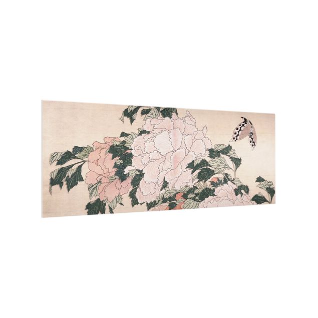 Spritzschutz Küche Katsushika Hokusai - Rosa Pfingstrosen mit Schmetterling