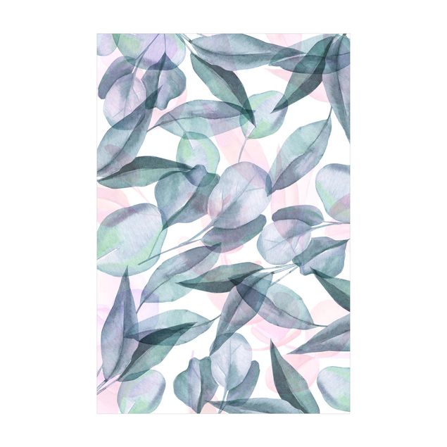 Teppich Blumen Blaue und Rosane Eukalyptus Aquarellblätter