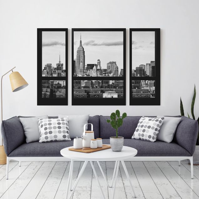 Leinwandbild Kunstdruck Fensterblick New York Skyline schwarz weiß