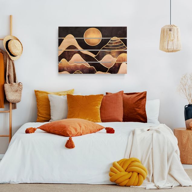 Moderne Holzbilder Goldene Sonne abstrakte Berge