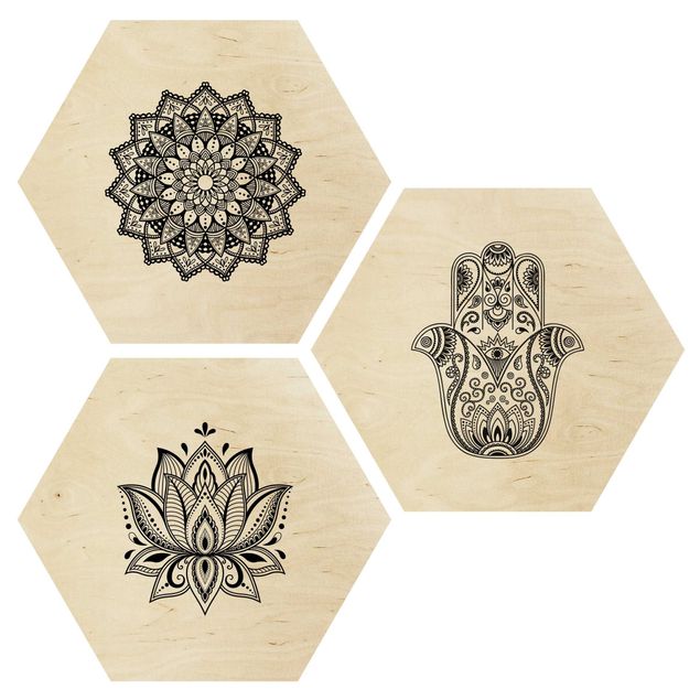 Hexagon Bild Holz 3-teilig - Mandala Hamsa Hand Lotus Set auf Weiß
