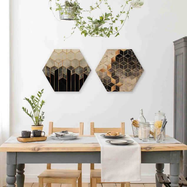 Holzbilder modern Goldene Geometrie Aquarell Set