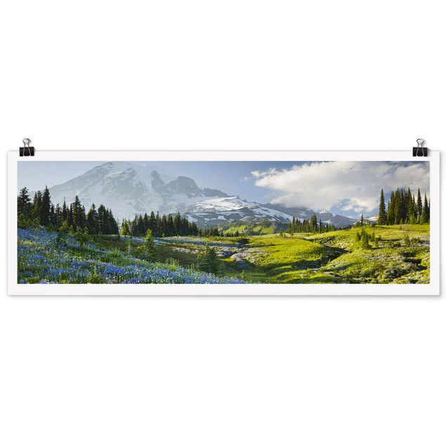 Poster bestellen Bergwiese mit blauen Blumen vor Mt. Rainier