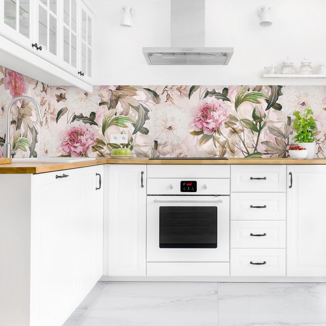 Küchenrückwand Folie Blumen Illustrierte Pfingstrosen in Rosa