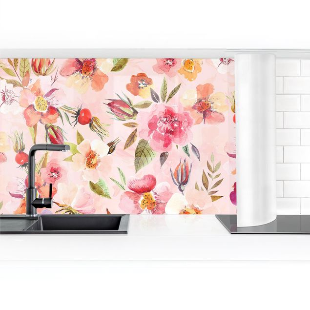 Küchenrückwände selbstklebend Aquarellierte Blumen auf Rosa
