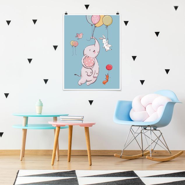 Poster Kinderzimmer Tiere Elefant, Hase und Eichhörnchen fliegen