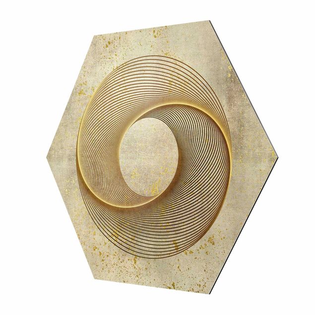 Hexagon Bild Alu-Dibond - Line Art Kreisspirale Gold