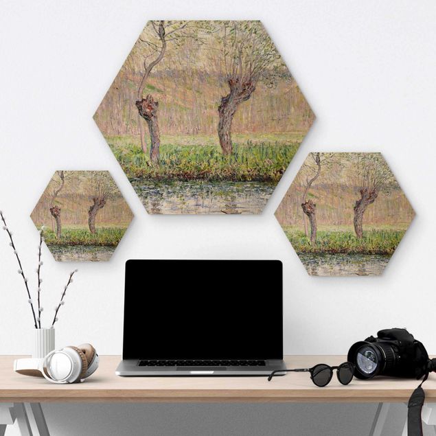Hexagon Bild Holz - Claude Monet - Weidenbäume Frühling