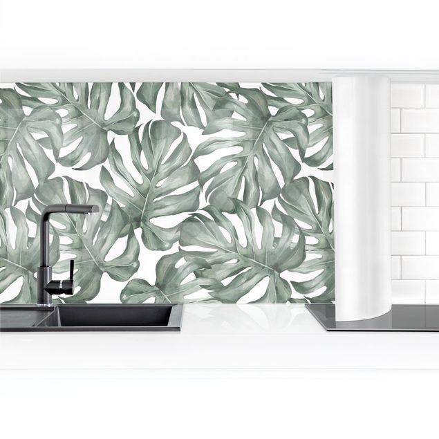 Küchenrückwand Glas Motiv Blumen Aquarell Monstera Blätter in Grün II