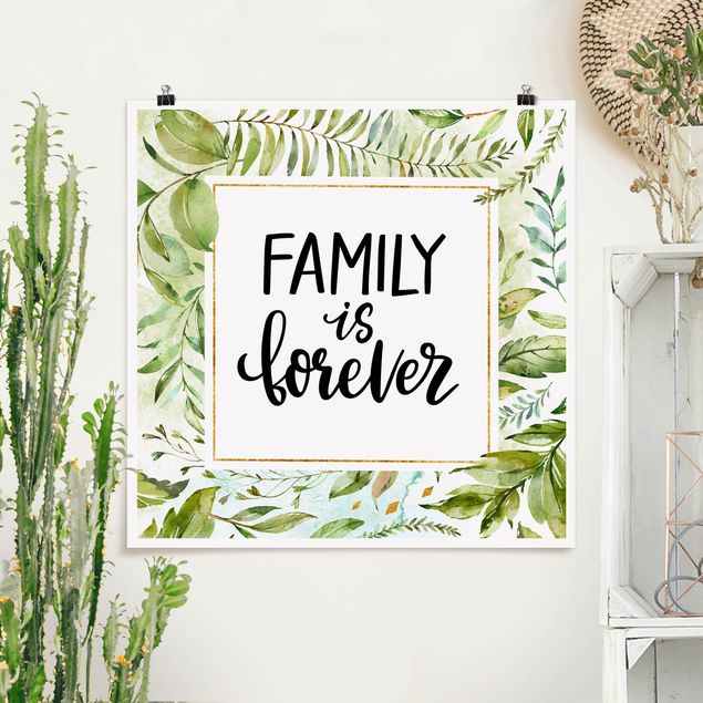 Poster Illustration Family is forever in goldenem Rahmen mit Palmenwedeln