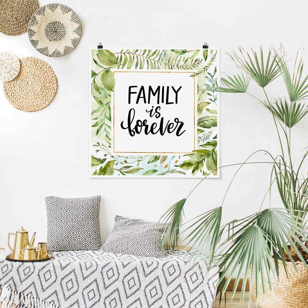 Sprüche Poster Family is forever in goldenem Rahmen mit Palmenwedeln