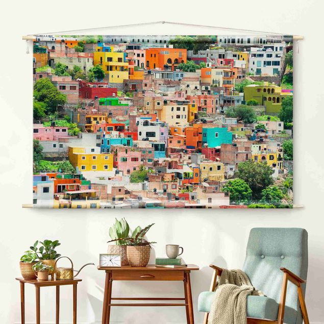 Wandteppich modern Farbige Häuserfront Guanajuato