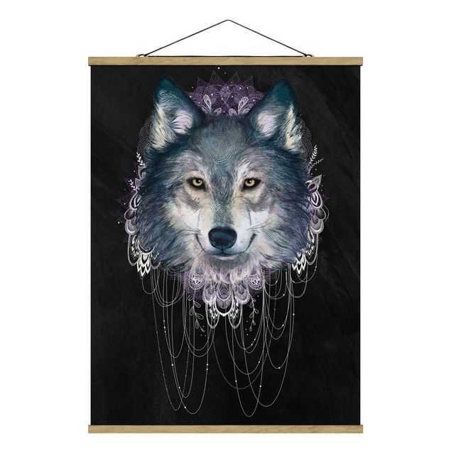 Stoffbilder zum Aufhängen Illustration Wolf mit Boho Traumfänger Schwarz