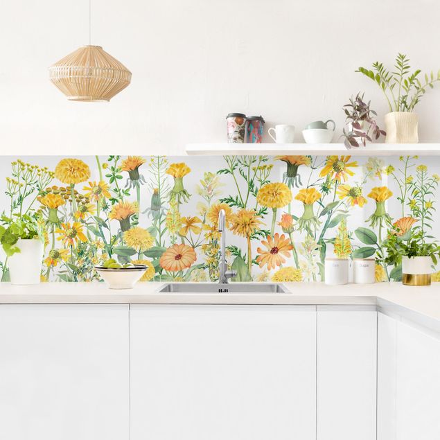 Küchenrückwand Gräser Aquarellierte Blumenwiese in Gelb