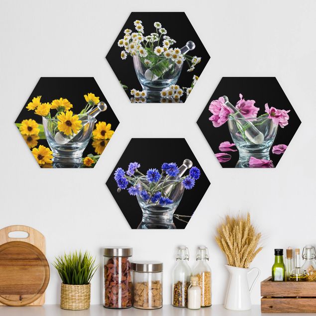 Hexagon Bild Alu-Dibond 4-teilig - Blumen im Mörser