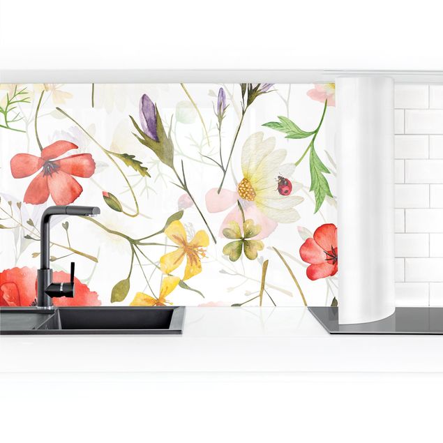 Küchenrückwand Glas Motiv Blumen Marienkäfer mit Mohn als Aquarell