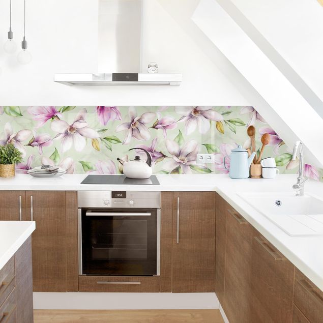 Glasrückwand Küche Muster Magnolien Illustration auf Mint