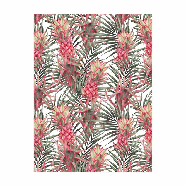 Teppich Blumen Rote Ananas mit Palmenblättern Tropisch