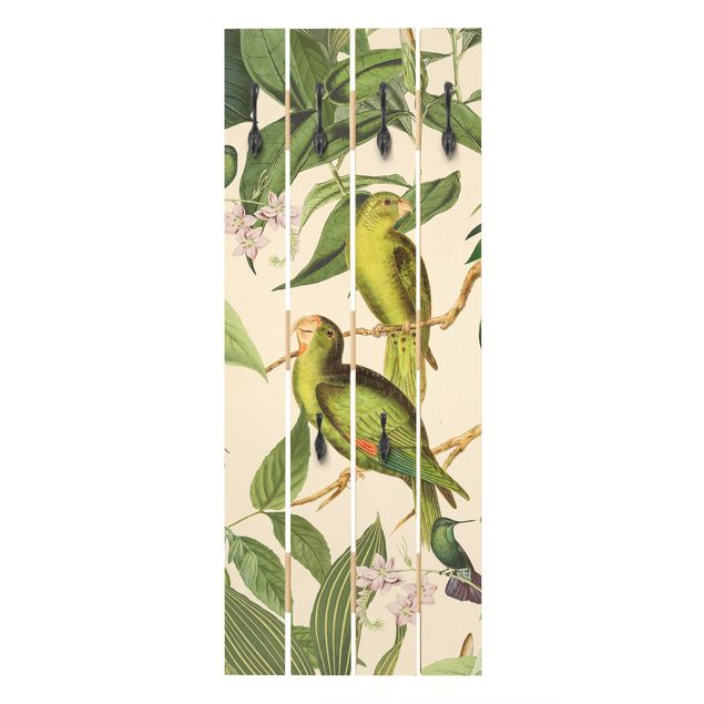 Wandgarderobe Holz - Vintage Collage - Papageien im Dschungel - Haken chrom Hochformat