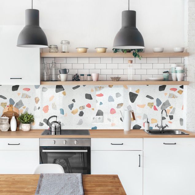 Küchenrückwand abstrakt Weißer Terrazzo mit Goldsteinchen II