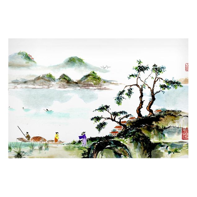 Magnettafel weiß Japanische Aquarell Zeichnung See und Berge