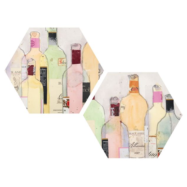 Hexagon Bild Forex 2-teilig - Weinflaschen in Wasserfarbe Set I