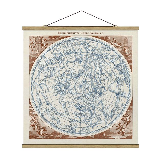 Stoffbild mit Posterleisten - Vintage Sternenkarte Südliche Hemissphere - Quadrat 1:1