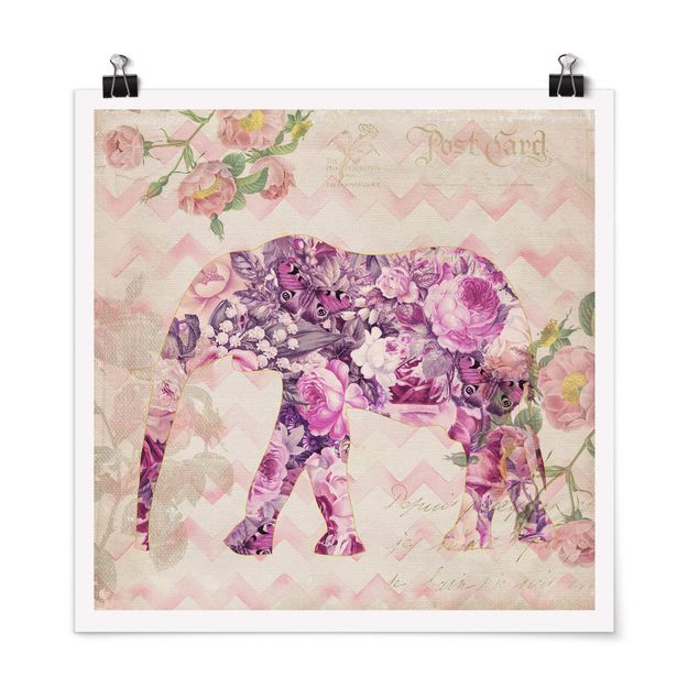 Retro Poster  Vintage Collage - Rosa Blüten Elefant