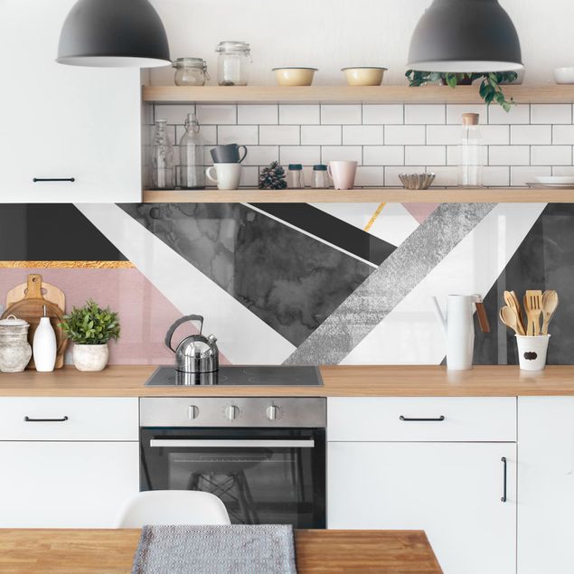 Küchenrückwände Platte Schwarz Weiß Geometrie mit Gold