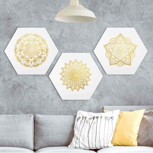 Foto auf Hartschaumplatte Mandala Blüte Sonne Illustration Set Gold