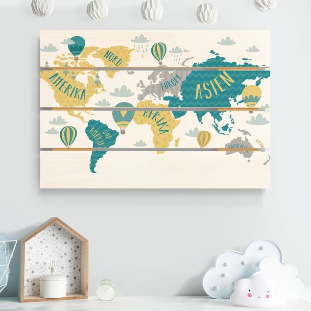 Holzbilder Spruch Weltkarte mit Heißluftballon