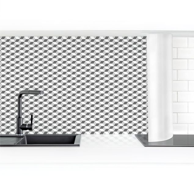 Spritzschutz Küche Fliesenoptik Geometrischer Fliesenmix Würfel Grau