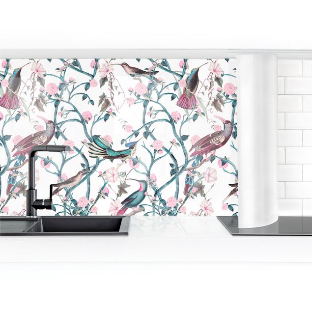 Küchenrückwand Glas Muster Rosa Blumenranken mit Vögeln in Blau II