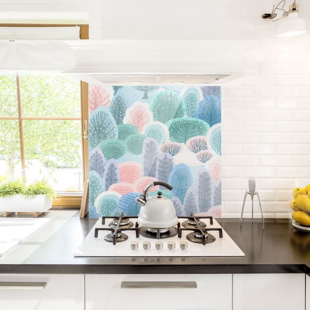 Küchenrückwand Glas Blumen Glücklicher Wald in Pastell