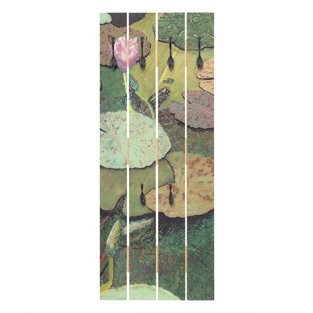 Wandgarderobe Holz - Seerose mit Blättern III - Haken chrom Hochformat