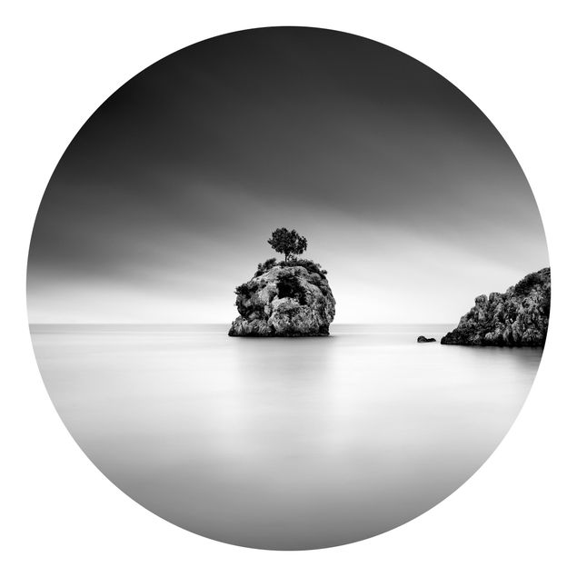 Fototapete Strand Felseninsel im Meer Schwarz-Weiß