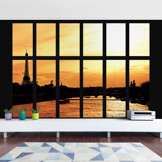 Skyline Tapete Fenster Eiffelturm Paris Sonnenaufgang
