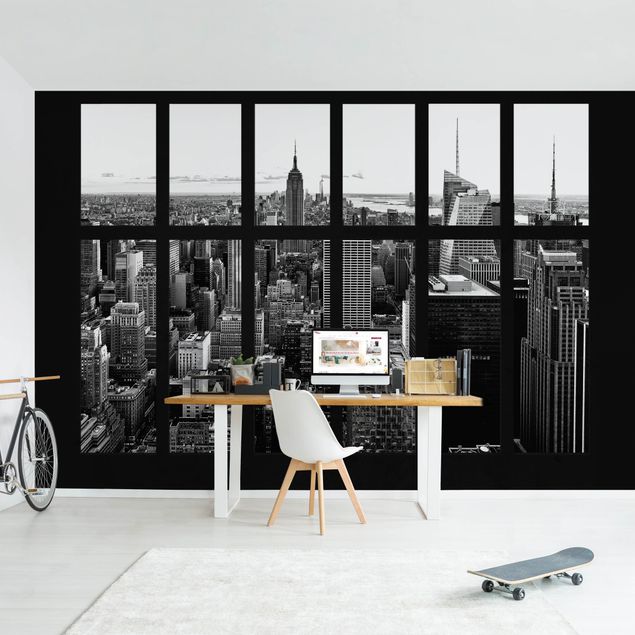 Tapete New York Fenster Manhattan Skyline schwarz-weiß