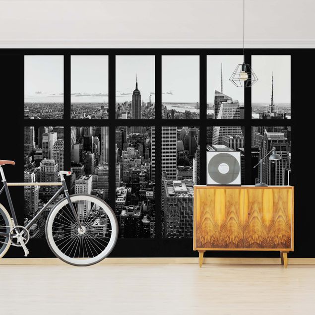 3D Wandtapete Fenster Manhattan Skyline schwarz-weiß