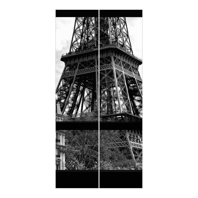 Schiebegardinen Set 6-teilig Fensterausblick Paris - Nahe am Eiffelturm schwarz weiß